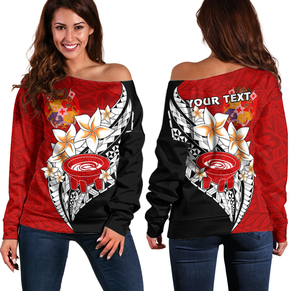 (Custom Personalised) Tonga Kava Bowl Off Shoulder Sweater Togan Kupesi Ngatu Pattern Black