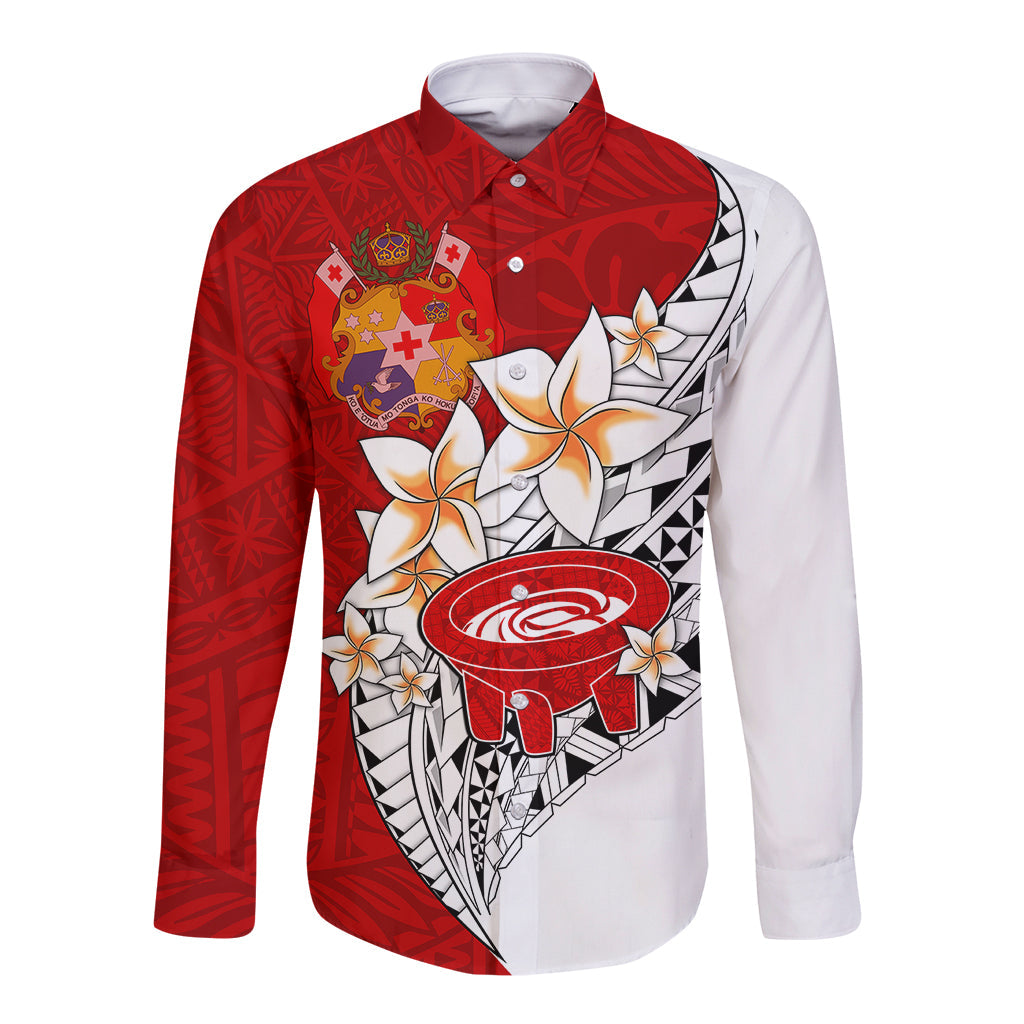 Tonga Kava Bowl Long Sleeve Button Shirt Togan Kupesi Ngatu Pattern White