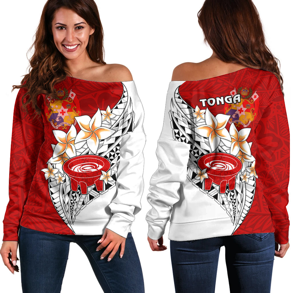 Tonga Kava Bowl Off Shoulder Sweater Togan Kupesi Ngatu Pattern White