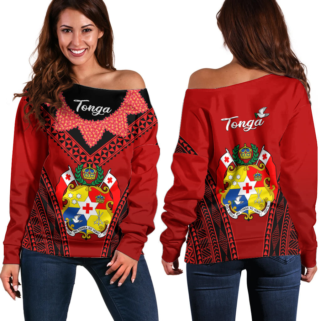 Tonga Heilala Flowers Off Shoulder Sweater Tongan Ngatu Black Special Verison