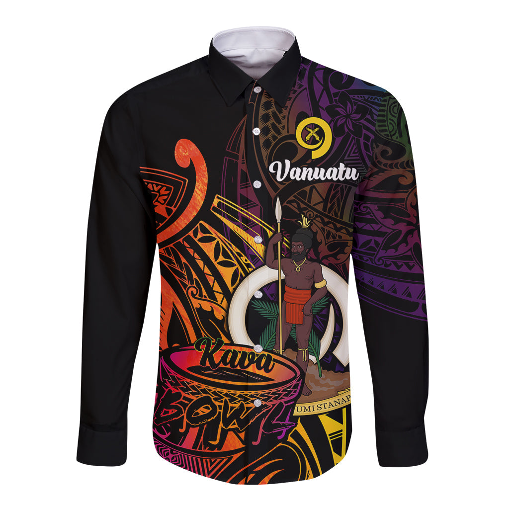 (Custom Personalised) Vanuatu Long Sleeve Button Shirt Kava Bowl Mix Polynesian Gradient Style