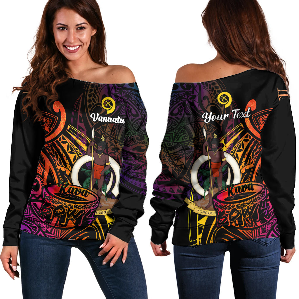 (Custom Personalised) Vanuatu Off Shoulder Sweater Kava Bowl Mix Polynesian Gradient Style