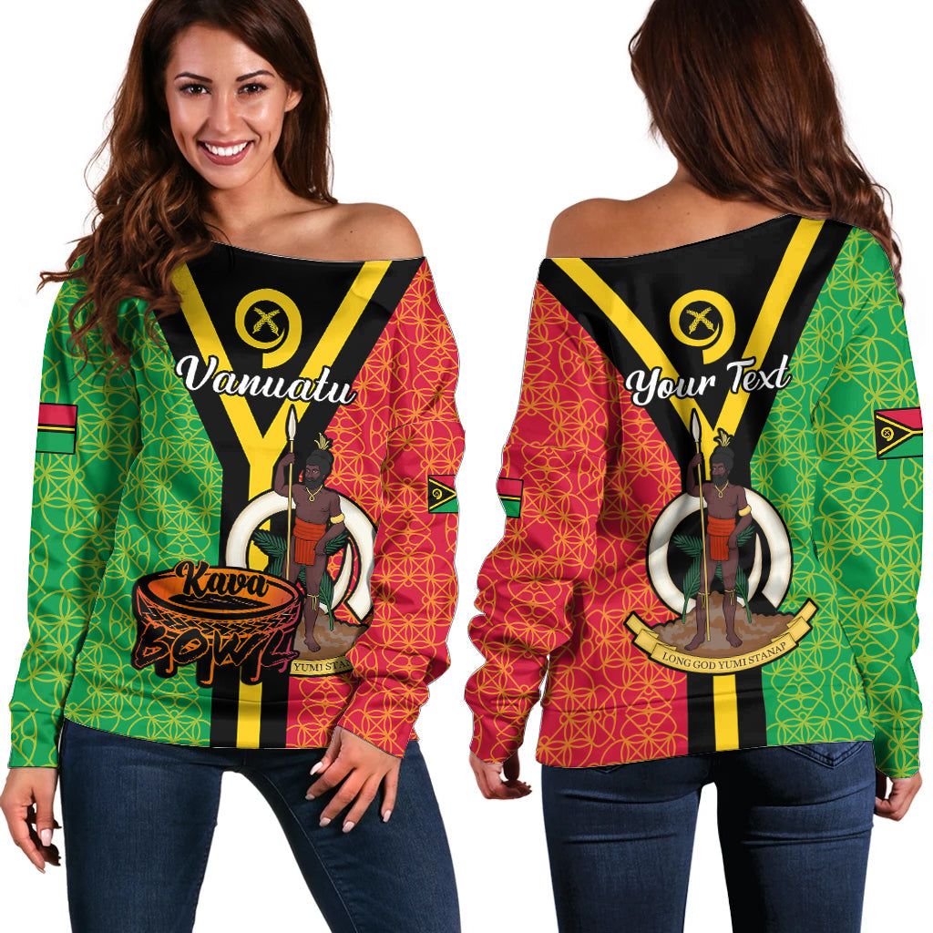 (Custom Personalised) Vanuatu Off Shoulder Sweater Kava Bowl Mix Sand Drawing Flag Style