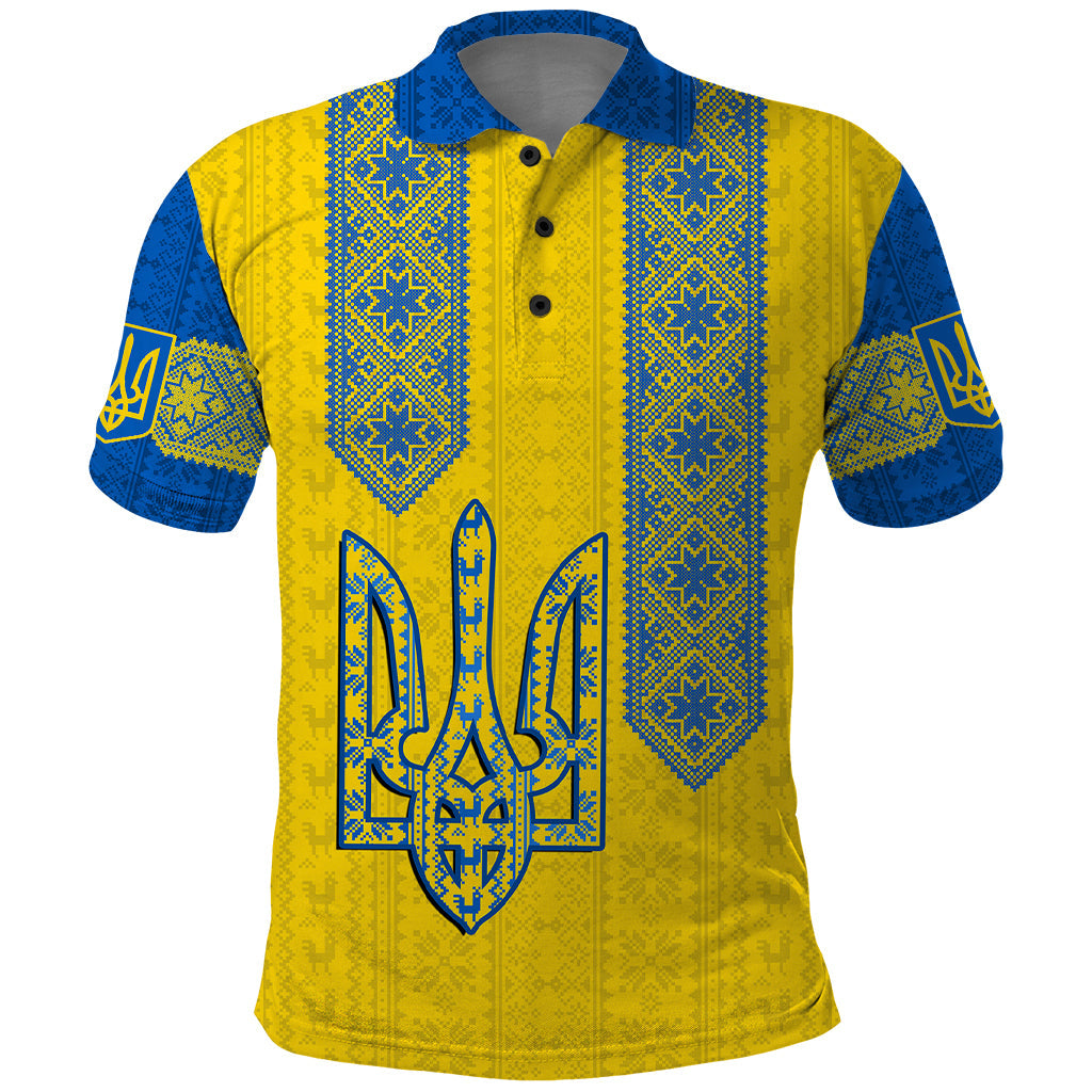 Personalised Ukraine Polo Shirt Gold Trident Folk Pattern