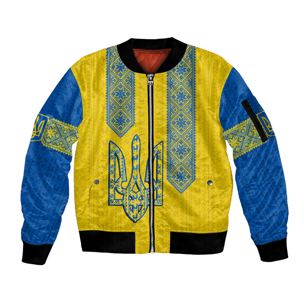 Personalised Ukraine Sleeve Zip Bomber Jacket Gold Trident Folk Pattern