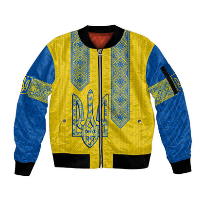 Personalised Ukraine Sleeve Zip Bomber Jacket Gold Trident Folk Pattern