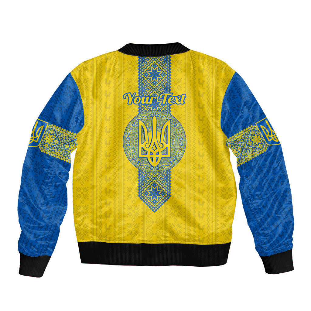 Personalised Ukraine Sleeve Zip Bomber Jacket Gold Trident Folk Pattern