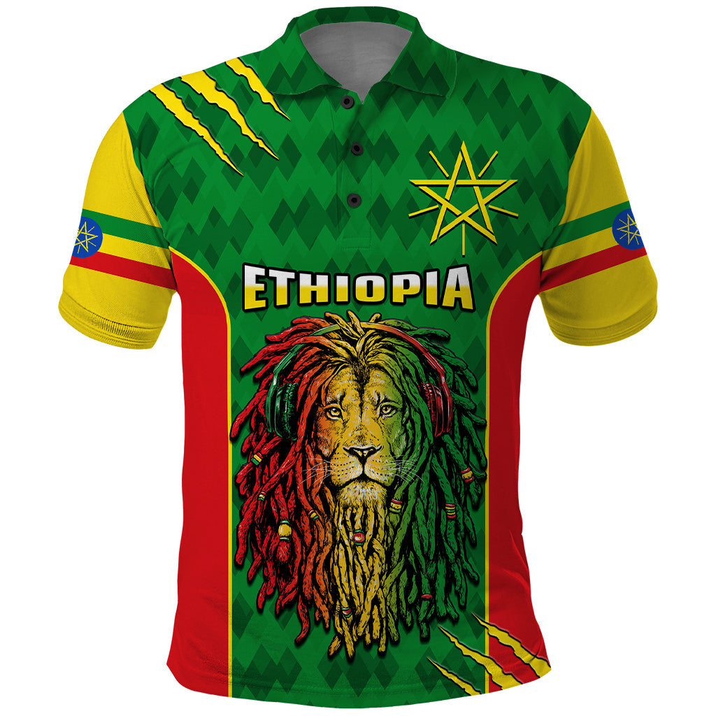 Custom Ethiopia Polo Shirt Mens Dreadlock Rasta Lion Headphones