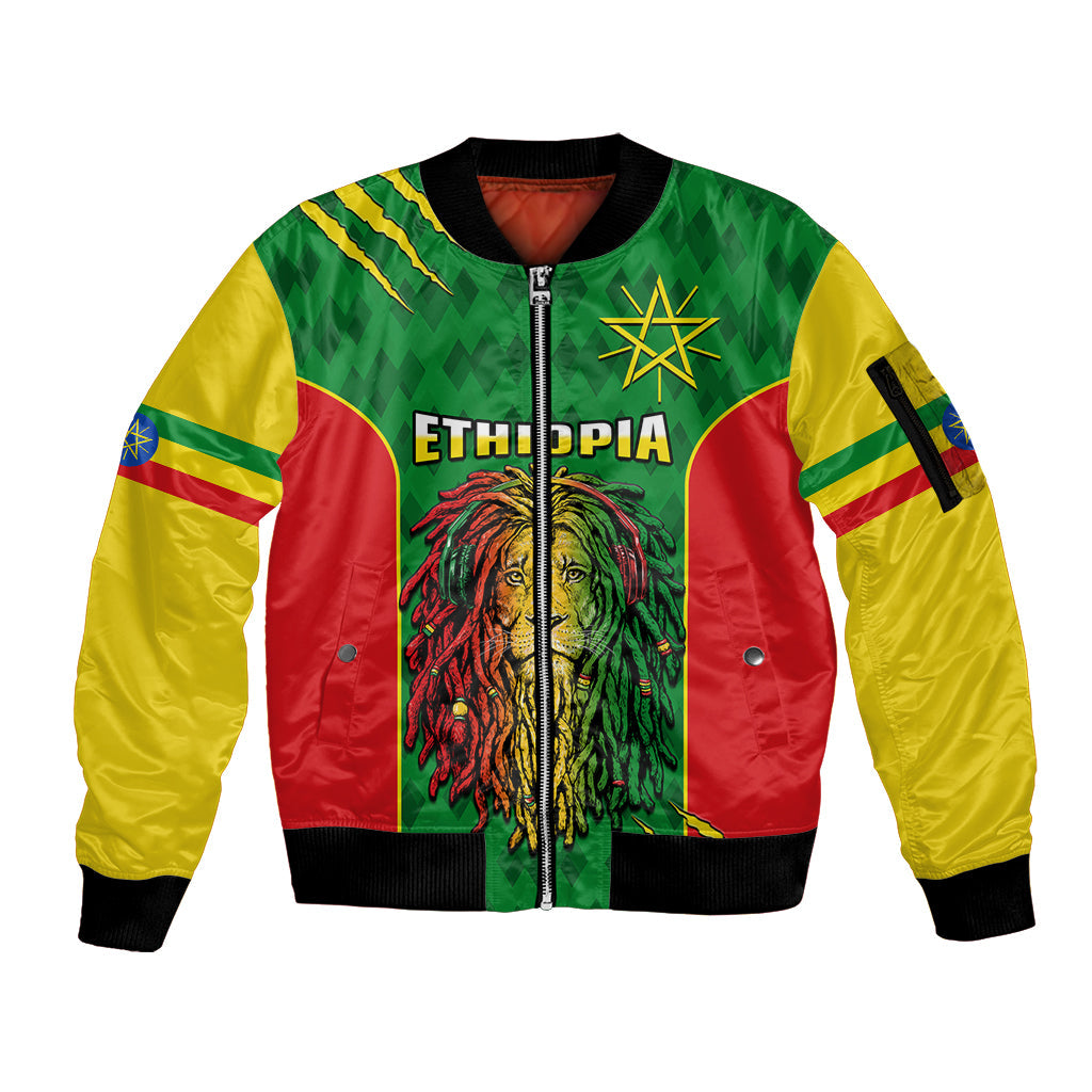 Personalised Ethiopia Sleeve Zip Bomber Jacket Men'S Dreadlock Rasta Lion Headphones