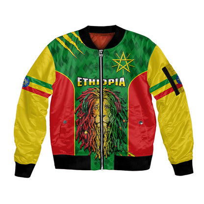 Personalised Ethiopia Sleeve Zip Bomber Jacket Men'S Dreadlock Rasta Lion Headphones