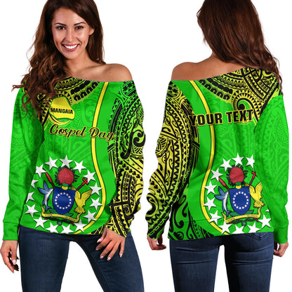 Personalised Cook Islands Off Shoulder Sweater Mangaia Gospel Day Green Version
