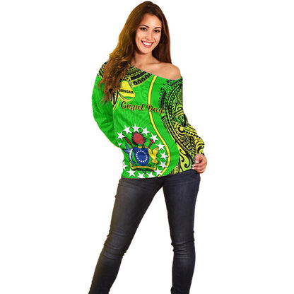 Personalised Cook Islands Off Shoulder Sweater Mangaia Gospel Day Green Version