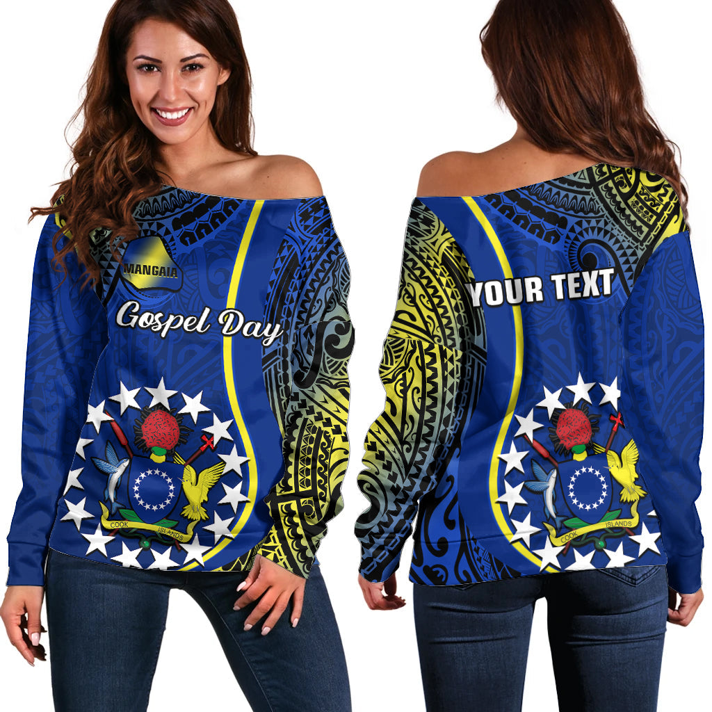 Personalised Cook Islands Off Shoulder Sweater Mangaia Gospel Day Blue Version