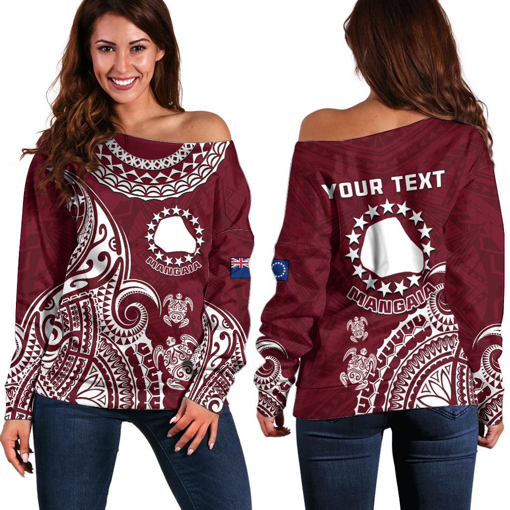Personalised Mangaia Cook Islands Off Shoulder Sweater Polynesian Sea Turtle