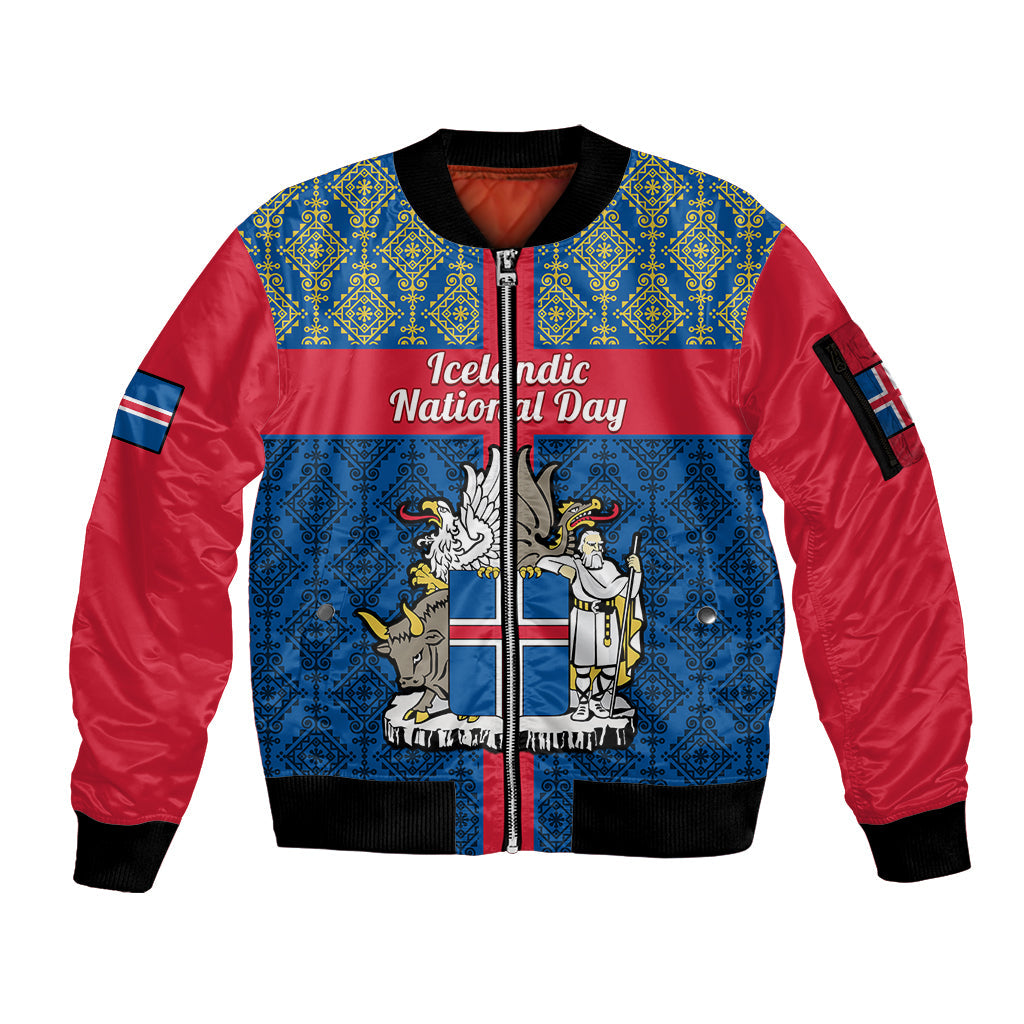 Personalised 17 June Iceland National Day Sleeve Zip Bomber Jacket Icelandic Folk Pattern