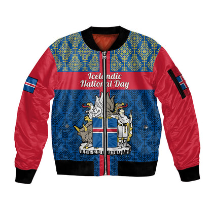 Personalised 17 June Iceland National Day Sleeve Zip Bomber Jacket Icelandic Folk Pattern
