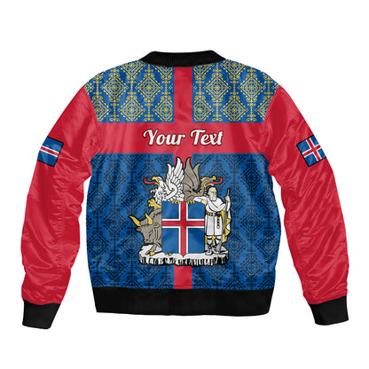 Personalised 17 June Iceland National Day Sleeve Zip Bomber Jacket Icelandic Folk Pattern