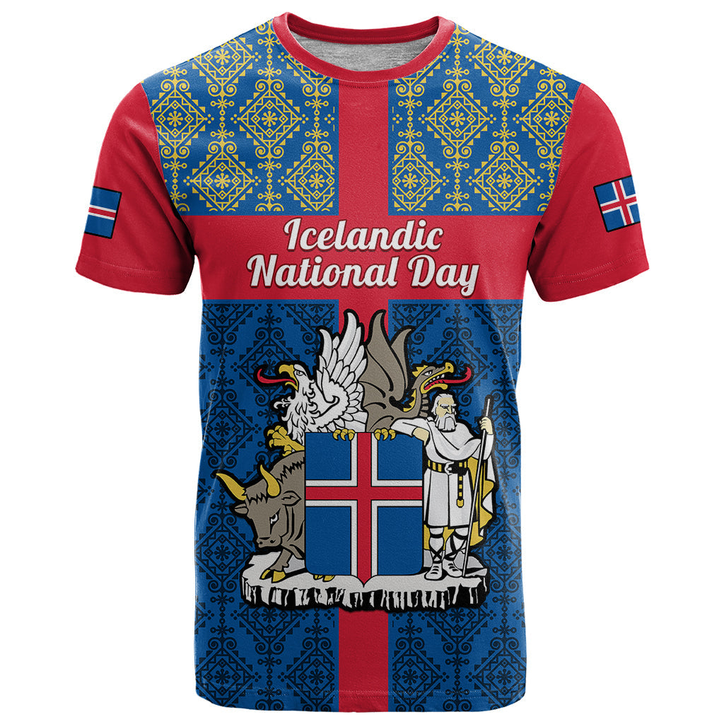 Personalised 17 June Iceland National Day T Shirt Icelandic Folk Pattern