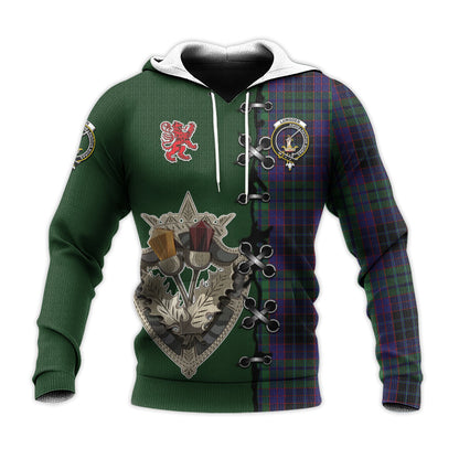 Printivon Lumsden Green Tartan Hoodie Lion Rampant And Celtic Thistle Style
