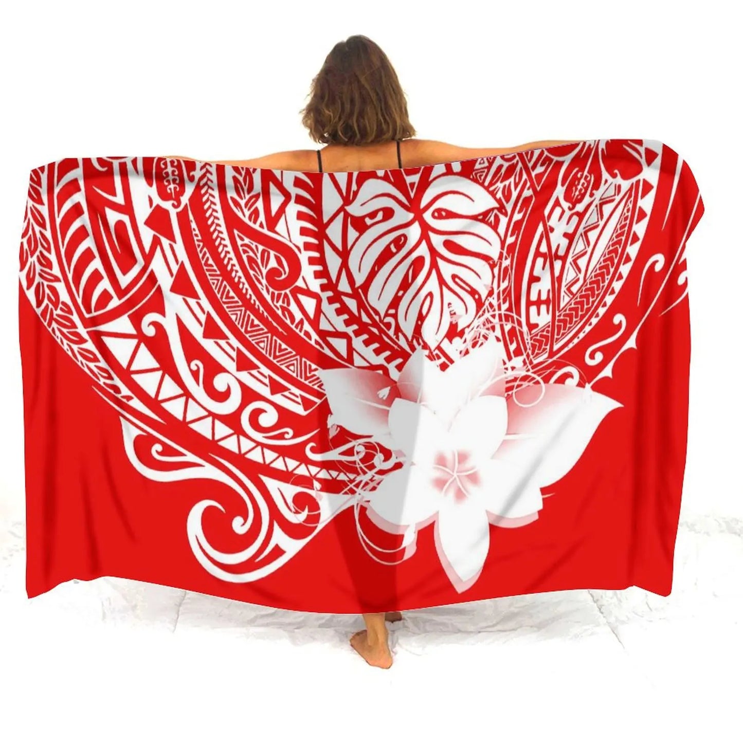 Polynesian Tribal Hibiscus Flower Red Pattern Sarong Polynesian Beach Women's Sarong