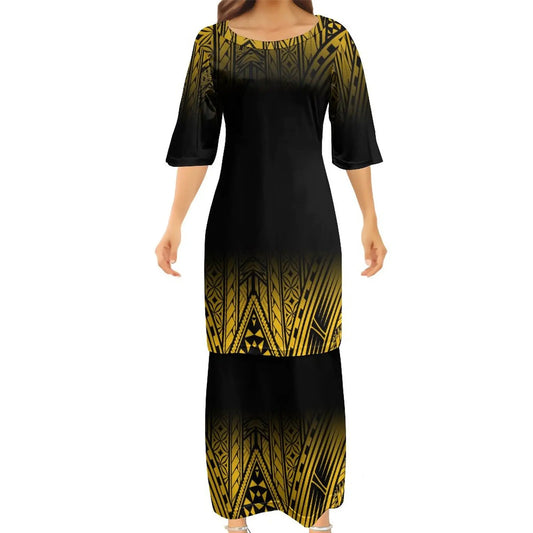 Polynesian Traditional Tribal Pattern Black Couple Set Half Style Puletasi Dress Man Shirt Matching Outfit