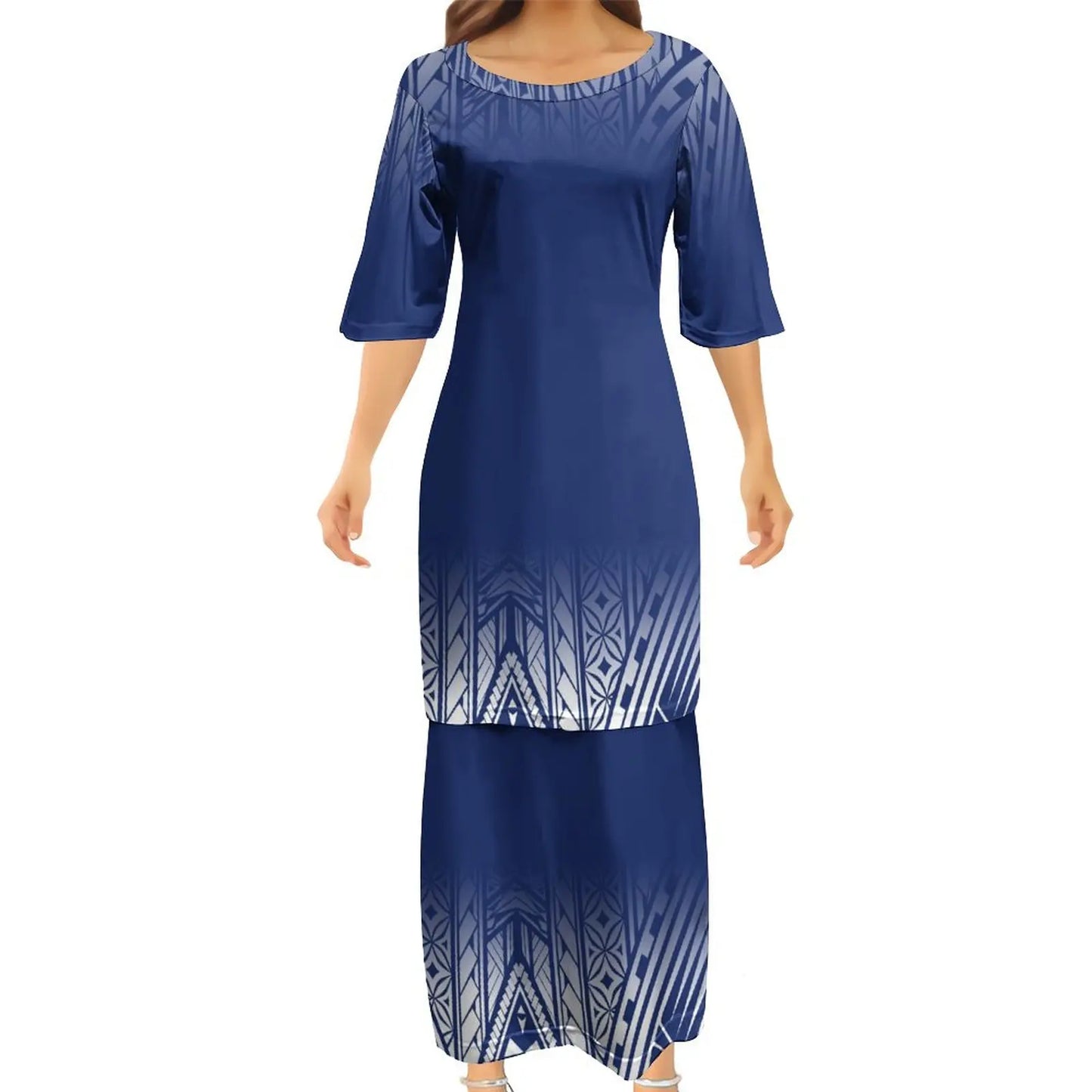 Polynesian Traditional Tribal Pattern Blue Couple Set Half Style Puletasi Dress Man Shirt Matching Outfit
