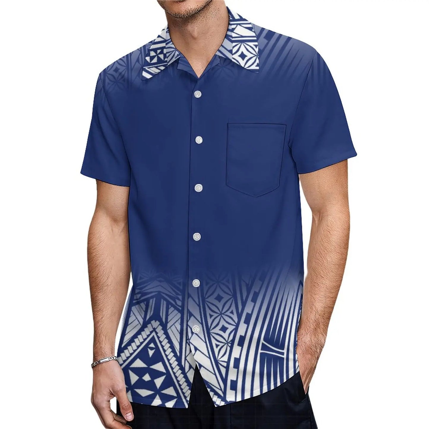 Polynesian Traditional Tribal Pattern Blue Couple Set Half Style Puletasi Dress Man Shirt Matching Outfit