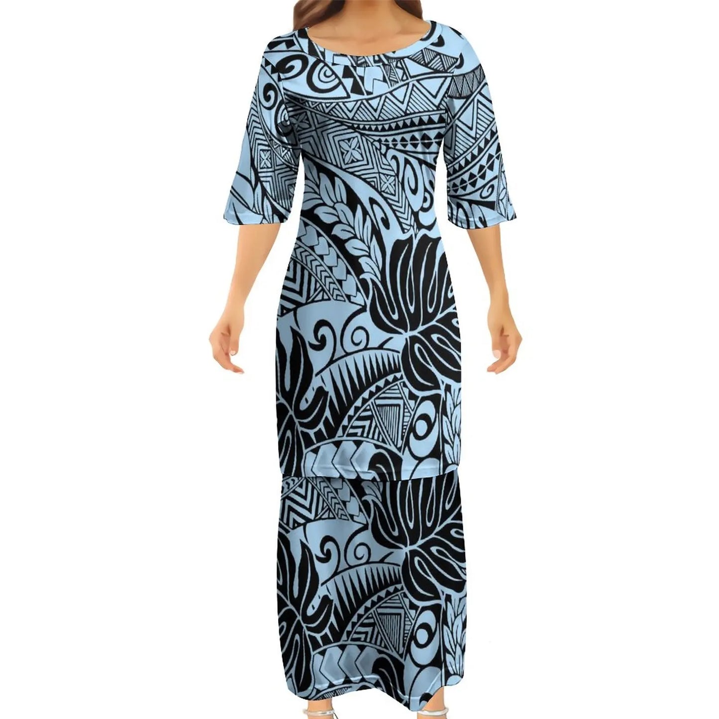Polynesian Traditional Tribal Flowers Pattern Blue Couple Set Puletasi Dress Man Shirt Matching Outfit