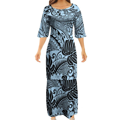 Polynesian Traditional Tribal Flowers Pattern Blue Couple Set Puletasi Dress Man Shirt Matching Outfit