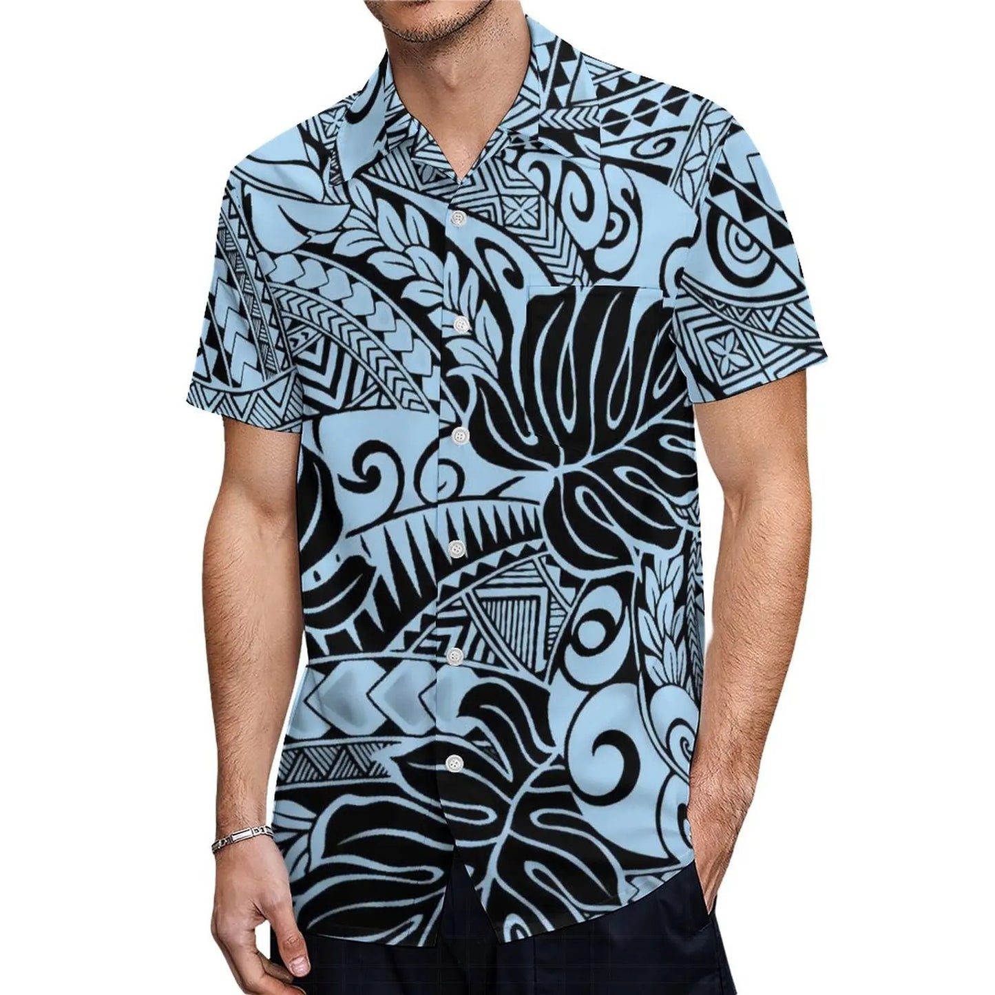 Polynesian Traditional Tribal Flowers Pattern Blue Couple Set Puletasi Dress Man Shirt Matching Outfit