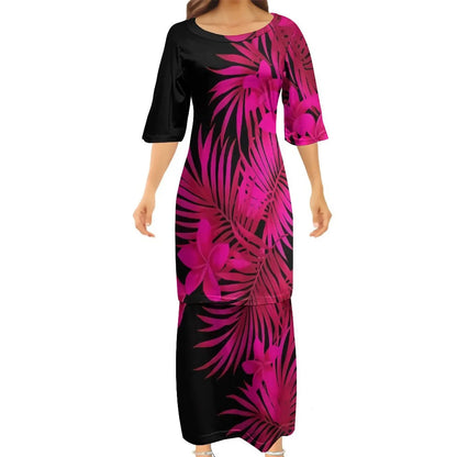 Polynesian Traditional Tribal Flowers Pattern Pink Couple Set Puletasi Dress Man Shirt Matching Outfit