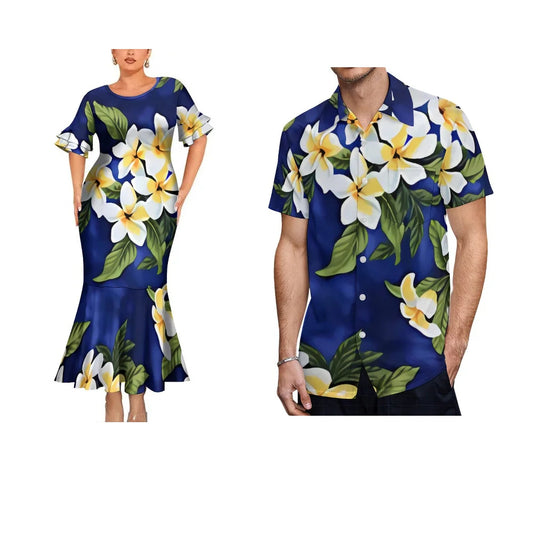 Polynesian Traditional Printed Flowers Island Fishtail Dress And Hawaiian Shirt Matching Outfit For Couple Set