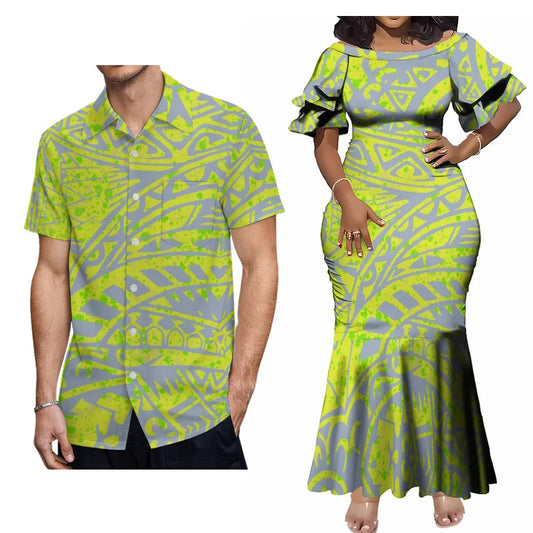Polynesian Pattern Vintage Green Party Fishtail Skirt Dress And Shirt Polynesian Tribal Island Matching Outfit For Him Her