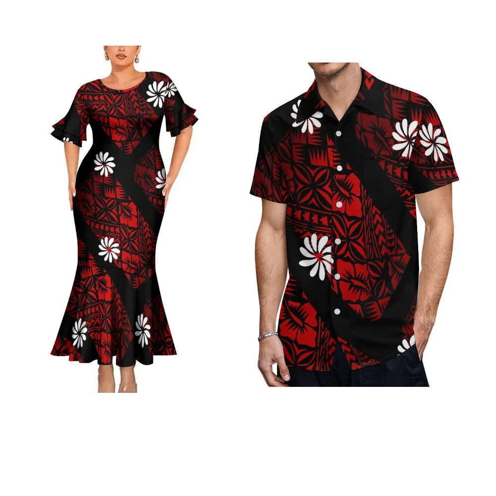 Polynesian Traditional Printed Island Flowers Black Fishtail Dress And Hawaiian Shirt Matching Outfit For Couple Set