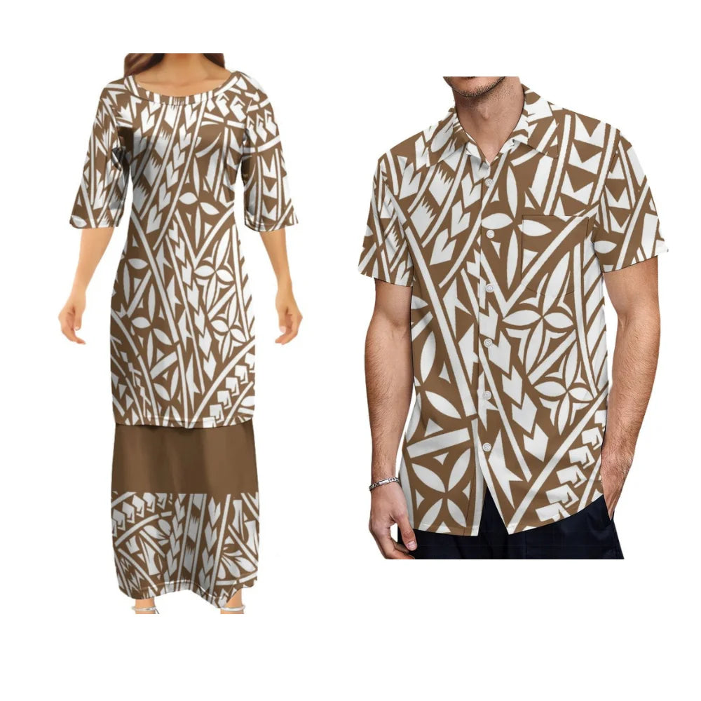 Samoan Polynesian Tribal Tropical Flowers Island Pattern Vintage Women's Puletasi Summer Couple Suit Men's Shirt Women's Long Dress