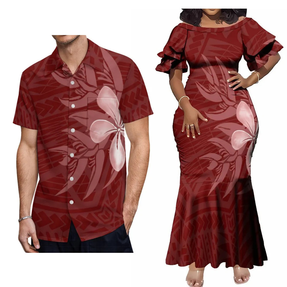 Polynesian Flowers Pattern Party Fishtail Skirt Dress And Shirt Polynesian Tribal Island Matching Outfit For Couple