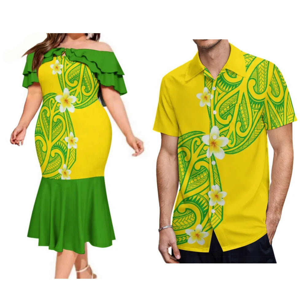 Polynesian Pair Outfit Island Polynesian Flowers Yellow And Green Off Shoulder Mermaid Dress And Shirt Outfit Set