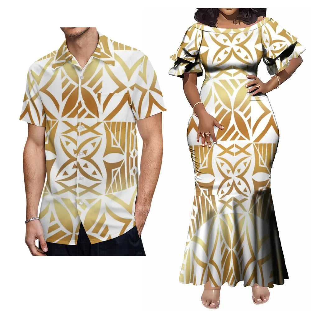Polynesian Tribal Samoa Matching Outfit For Couple Island Women's Short-Sleeved Mermaid Long Dress Men Hawaii Shirt