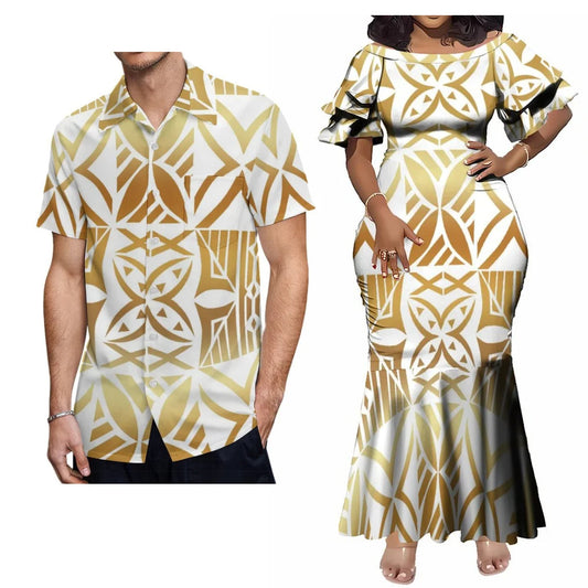 Polynesian Tribal Samoa Matching Outfit For Couple Island Women's Short-Sleeved Mermaid Long Dress Men Hawaii Shirt