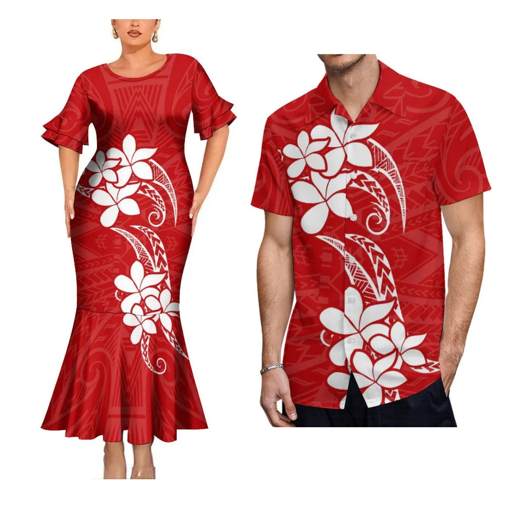 Red Polynesian Flowers Pattern Traditional Matching Outfit For Coupler Party Island Fishtail Dress And Hawaiian Shirt For Him Her