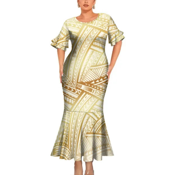 Yellow Polynesian Tribal Pattern Party Matching Outfit For Couple Clothing Tropical Fishtail Dress And Hawaiian Shirt