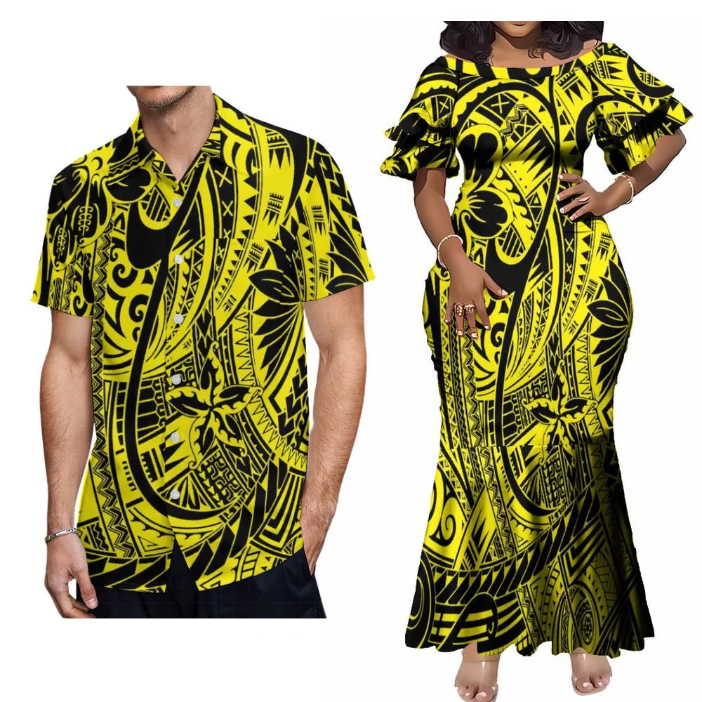 Polynesian Tribal Samoa Flowers Yellow Matching Outfit For Couple Ethnic Island Women's Short-Sleeved Mermaid Dress Hawaiian Shirt