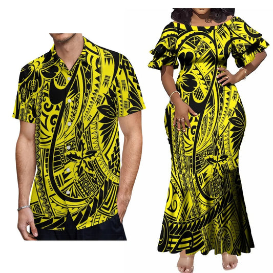 Polynesian Tribal Samoa Flowers Yellow Matching Outfit For Couple Ethnic Island Women's Short-Sleeved Mermaid Dress Hawaiian Shirt