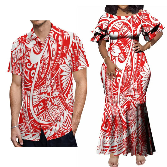 Polynesian Tribal Samoa Flowers Matching Outfit For Couple Ethnic Island Women's Short-Sleeved Mermaid Dress Hawaiian Shirt