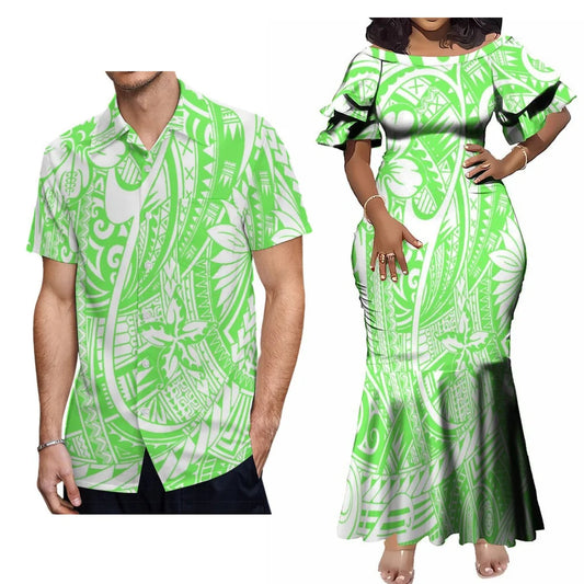 Polynesian Tribal Samoa Flowers Green Matching Outfit For Couple Ethnic Island Women's Short-Sleeved Mermaid Dress Hawaiian Shirt