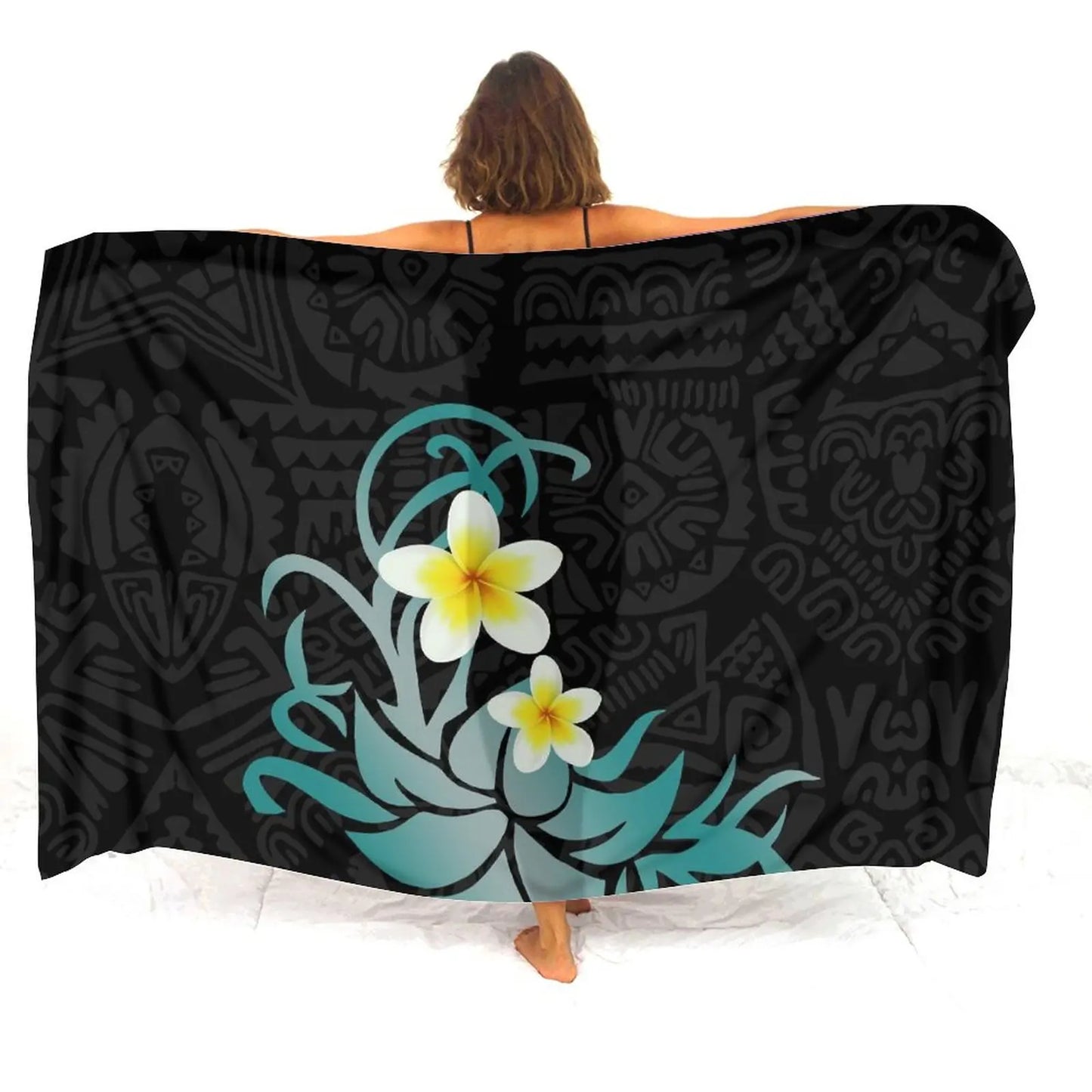 Polynesian Plumeria Flowers Tropical Sarong Polynesian Pattern Printed Black Beach Women's Sarong