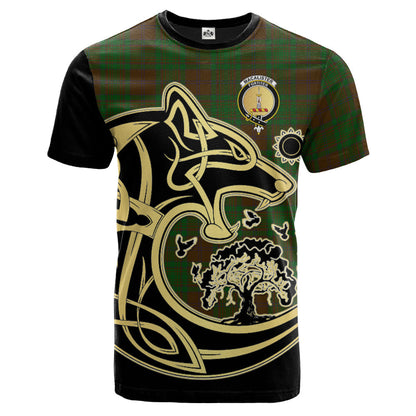 Printivon MacAlister of Glenbarr Hunting Crest Celtic Wolf Tartan T Shirt Custom Your Text