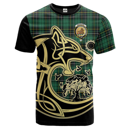Printivon MacAlpin Ancient Crest Celtic Wolf Tartan T Shirt Custom Your Text