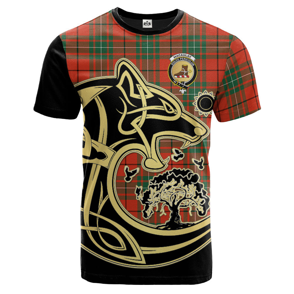 Printivon MacAulay Ancient Crest Celtic Wolf Tartan T Shirt Custom Your Text