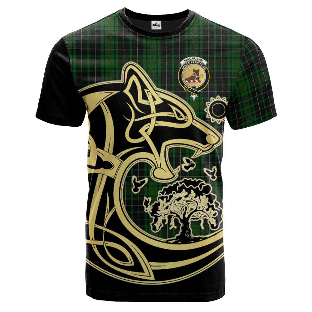 Printivon MacAulay Hunting Crest Celtic Wolf Tartan T Shirt Custom Your Text